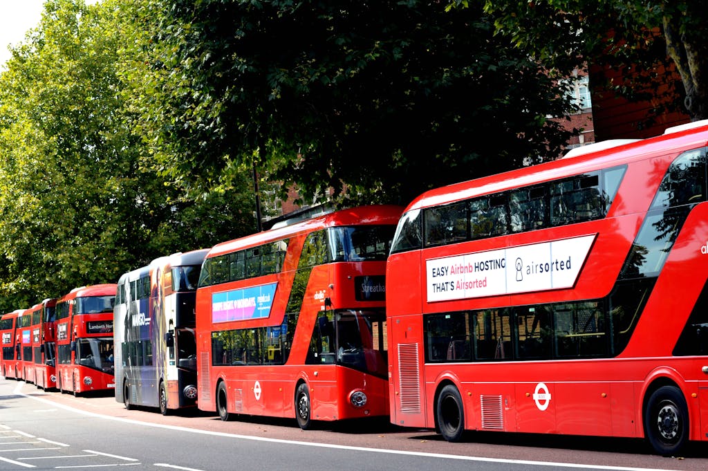A row of traditional red double-decker buses parked on a London street under green trees.